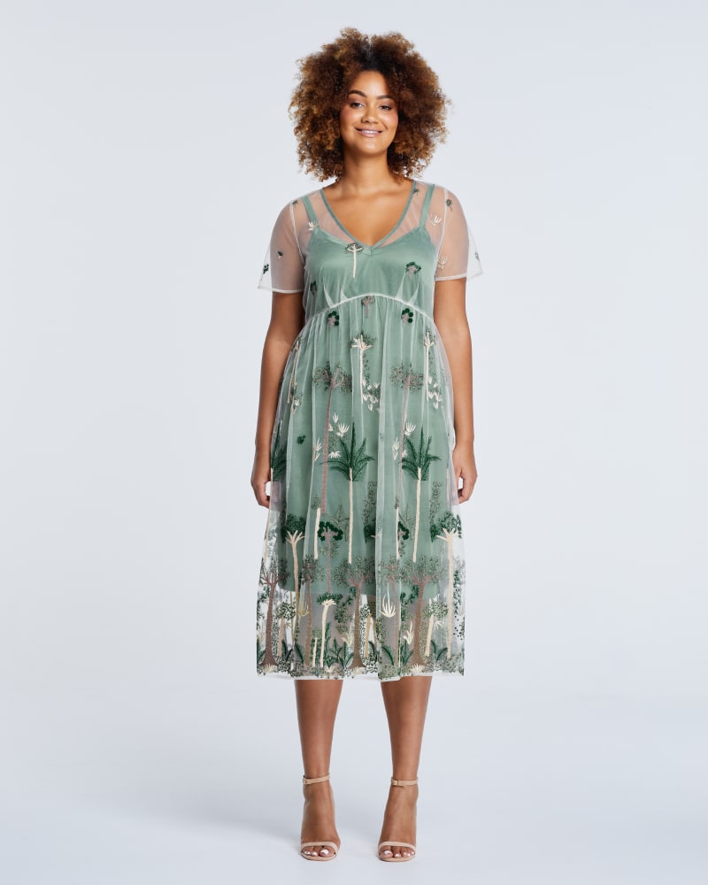 Front of a model wearing a size 2X Leon Embroidered Mesh Dress in Nude/Multi by Estelle. | dia_product_style_image_id:264716